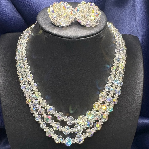Laguna B Jewelry - Vintage Laguna B Aurora Borealis Crystal 3 Strand Necklace w/Clip Earrings